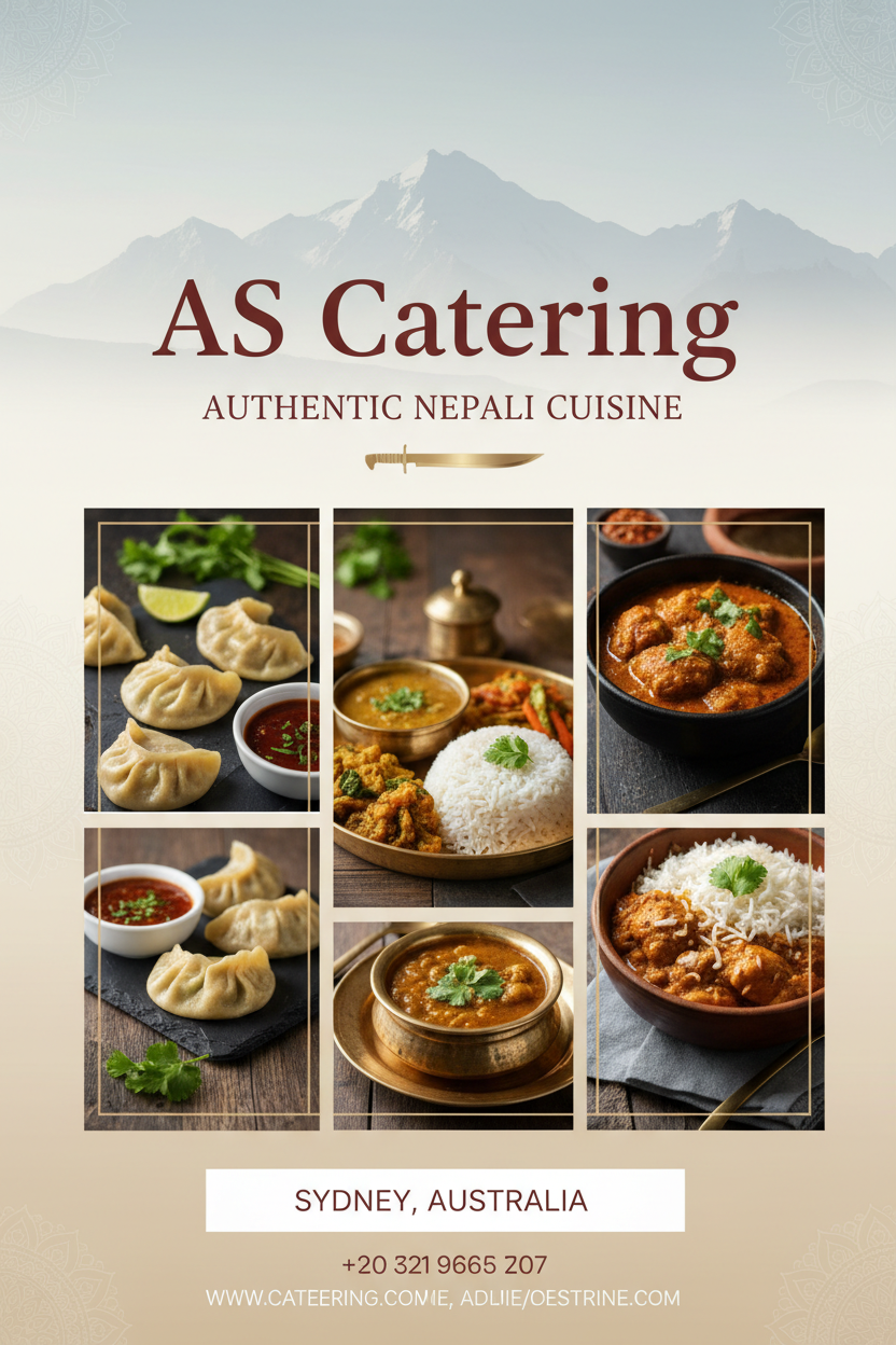 Create a realistic and professional flyer for a Nepali authentic cuisine catering service based in Sydney.

Use natural food photography combined with subtle Nepali symbols such as Himalayan mountain silhouettes, a minimal Khukuri icon, and light traditional Nepali patterns.