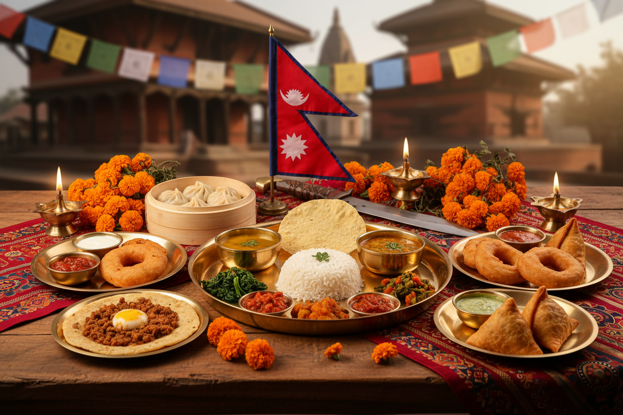 make it more authentic nepali exposing nepali symbols, flags, and other foods including nepali thali set